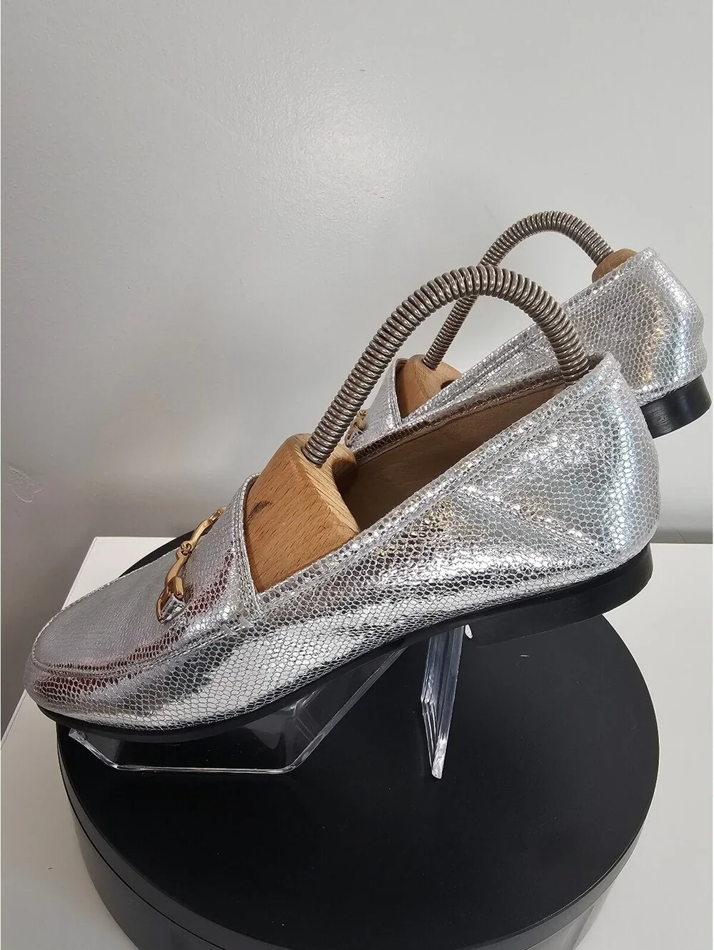 Sam Edelman Silver Metallic Loafers with Gold Buckle Detail